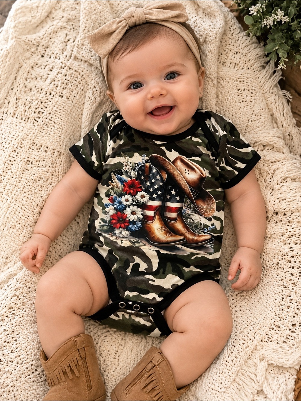Infant girl Camo Cowgirl patriotic 4th of July One piece same day ship